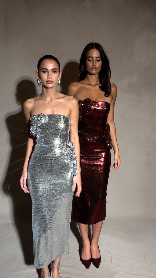 Sexy off-the-Shoulder Floral Bandeau Slim-Fit Sequins Dress